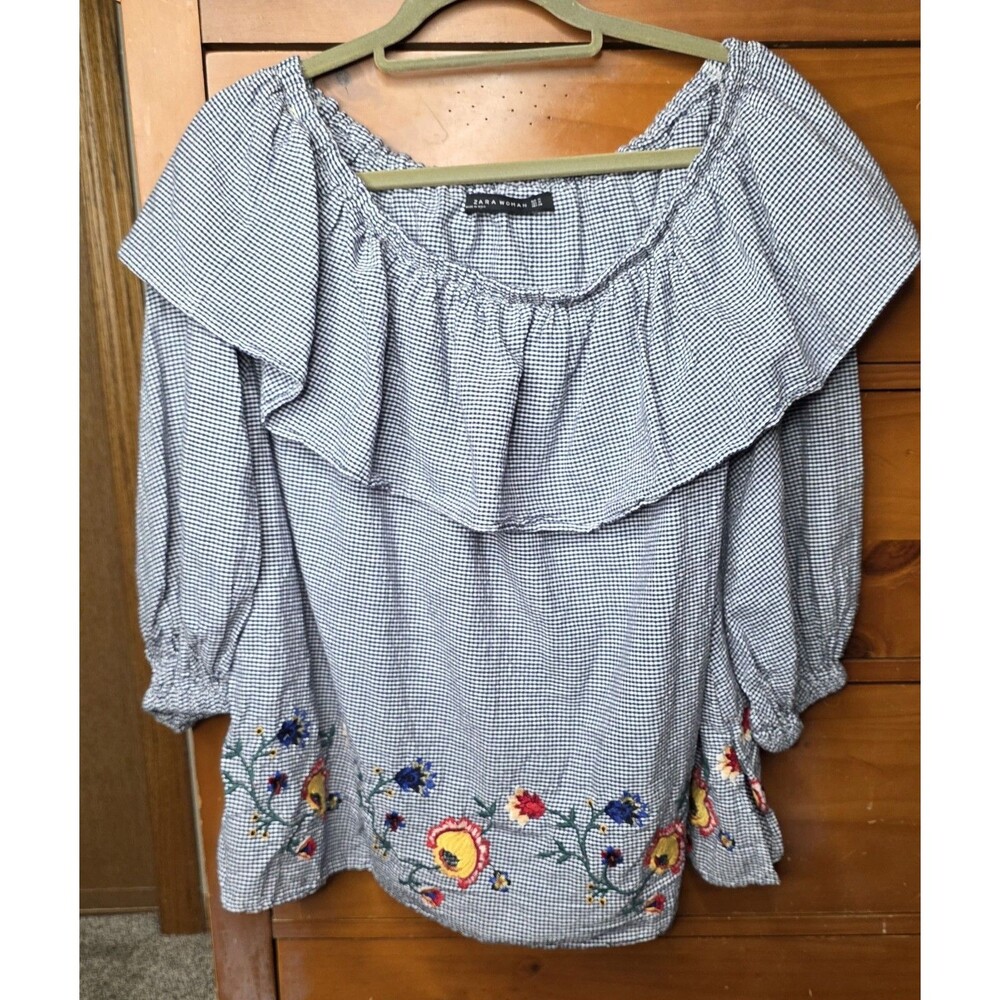 Zara Woman Peasant Blouse Size Medium Oversized Gingham Floral Embroidered
